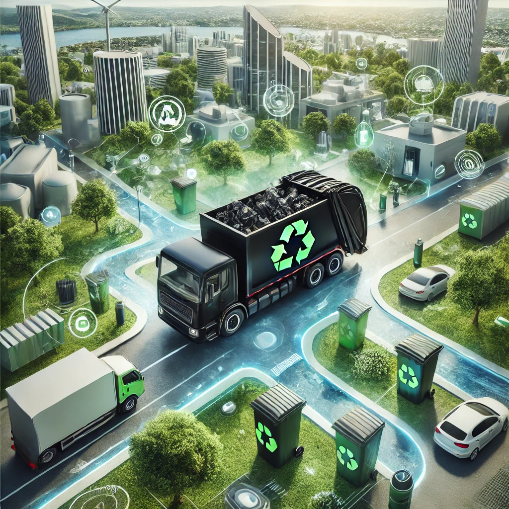 Futuristic smart city with sensor‑linked recycle truck and glowing digital waste network.