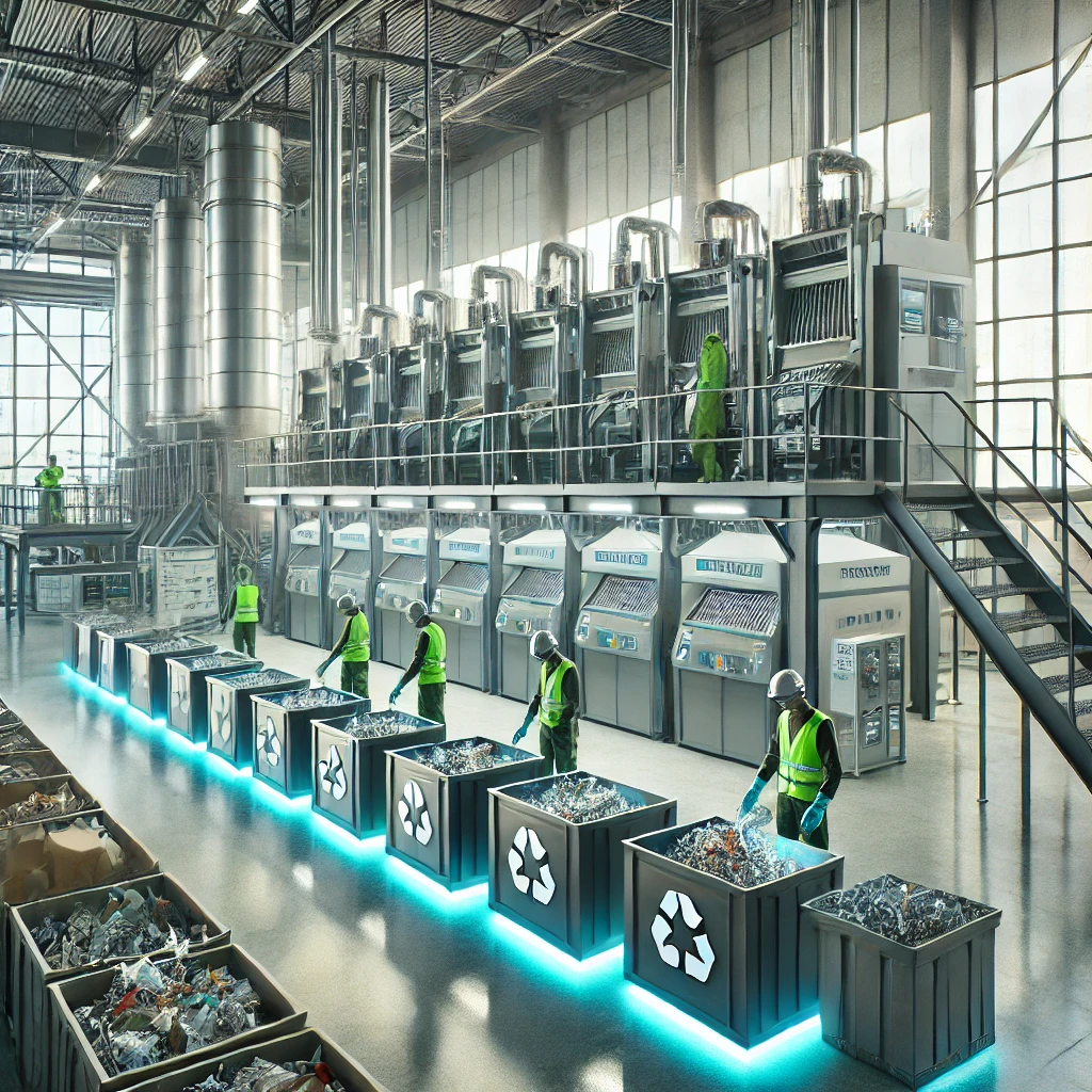 Workers in safety gear sort plastics in a high‑tech recycling plant with neon‑lit collection bins.