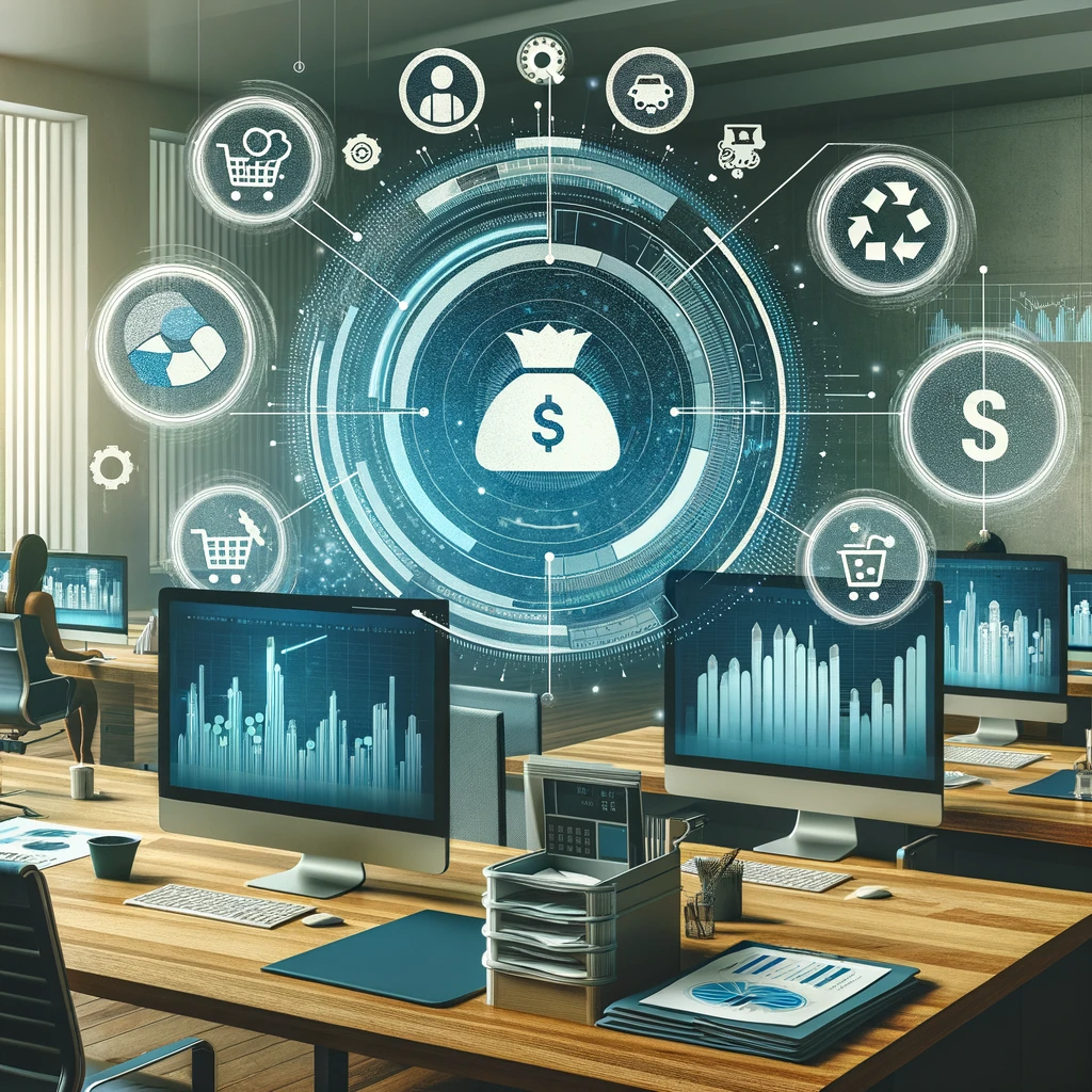 Open‑plan office displaying analytics screens under a digital hub of finance, shopping and recycling icons.