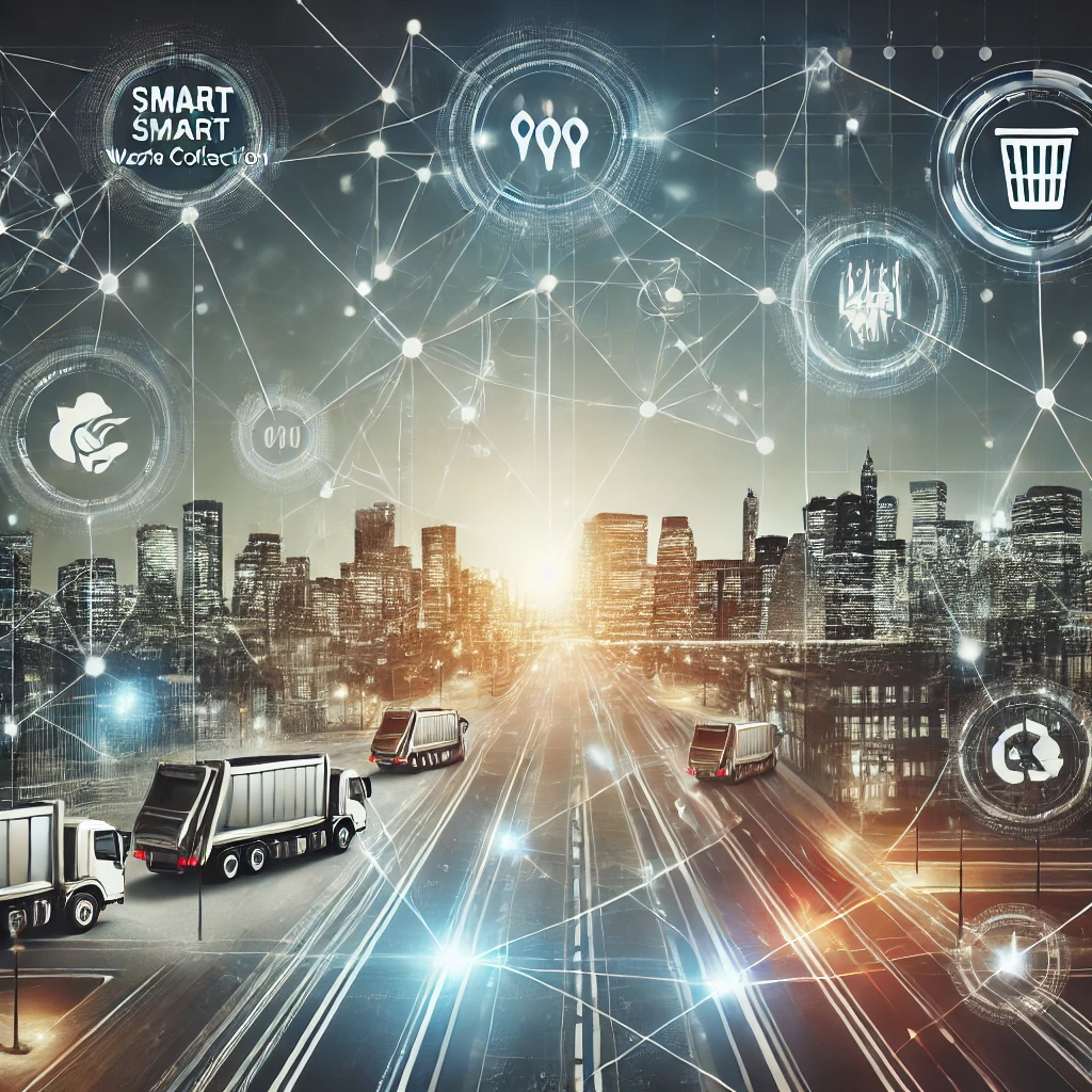 Smart‑city roadway with network graphics overlays guiding garbage trucks in an intelligent waste collection system.