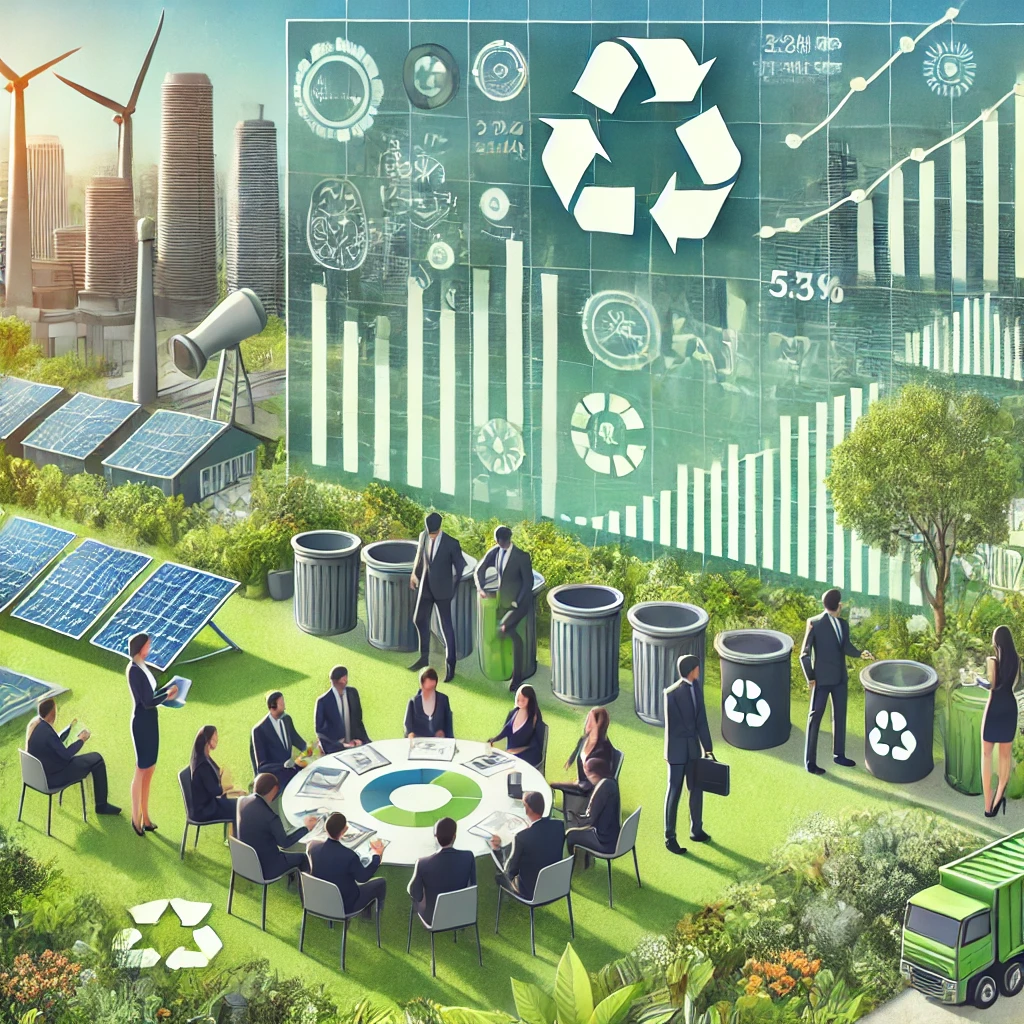 Corporate meeting on rooftop garden tracks sustainability metrics beside solar panels, wind turbines and recycling bins.