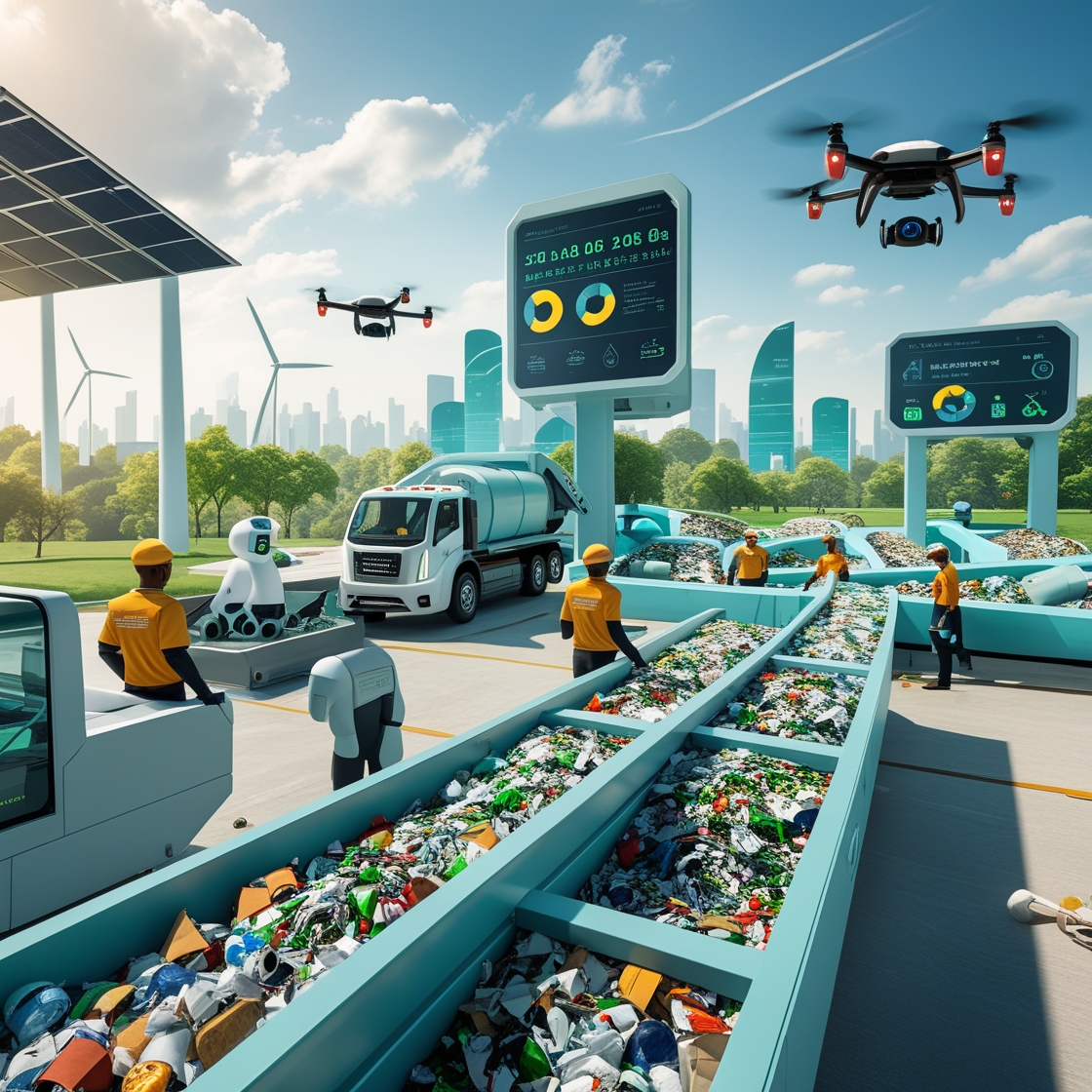 Futuristic waste‑sorting facility with drones, robots and conveyors processing recyclables under solar panels by a city skyline.