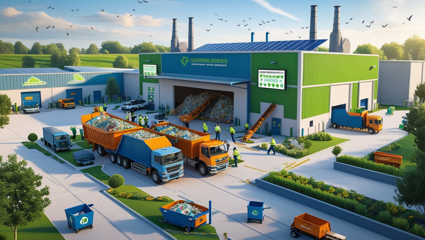 Busy materials recovery facility as multiple trucks and workers handle plastic loads outside a green industrial building.