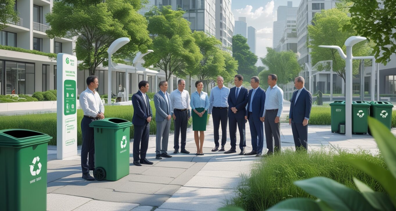 City leaders unveil new green recycling bins along a tree‑lined urban boulevard.