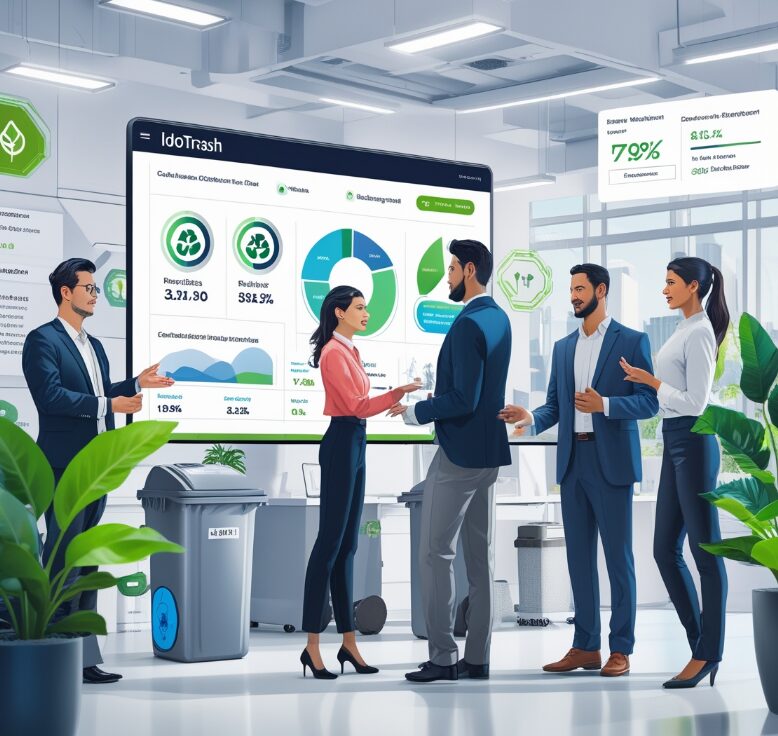 Professionals discuss smart waste statistics beside branded recycling bins and a prominent IdoTrash screen.