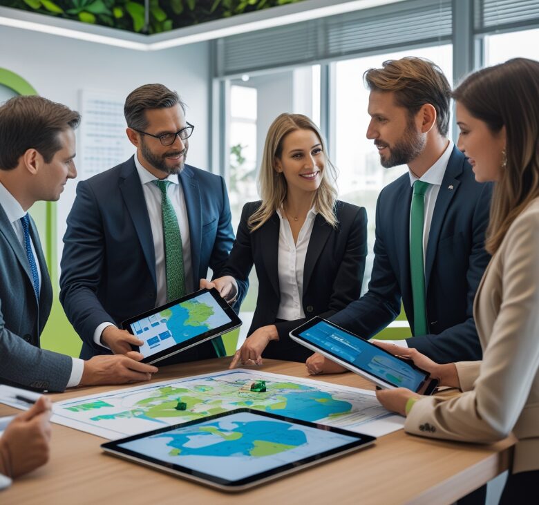 Colleagues use tablets and printed maps to plan eco initiatives around a light‑wood table.