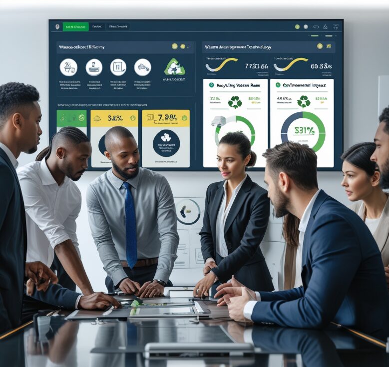 Corporate group studies waste‑management KPIs displayed on a wall‑mounted dashboard in a boardroom.