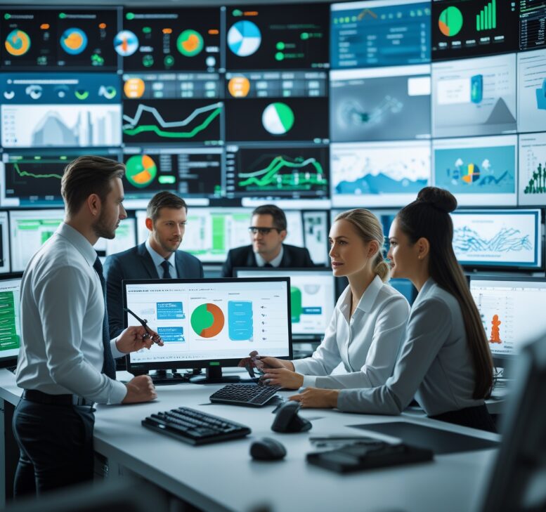 Analytics team collaborates in a control room lined with glowing data dashboards.