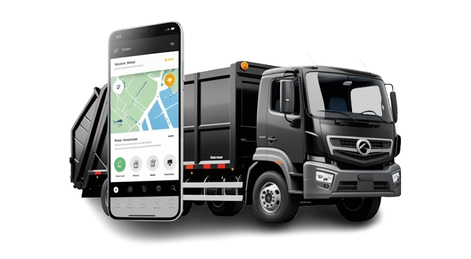 Mock‑up shows mobile waste‑collection app alongside a sleek black garbage truck. ​​